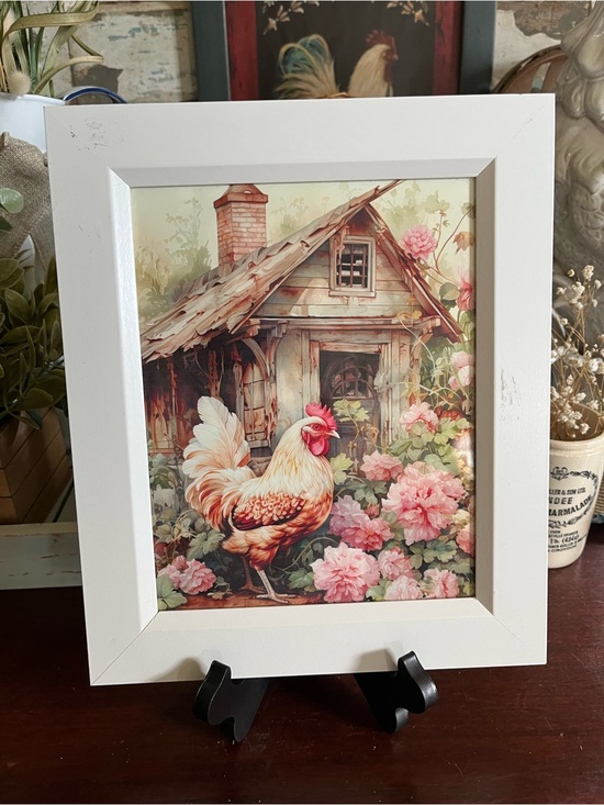 Hobby Lobby Other - Hobby Lobby White Framed Rooster Art Print with Pink Floral Accents